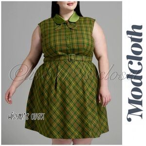 ModCloth Green Plaid My Happy Thought Swing Dress 22 22W 3X